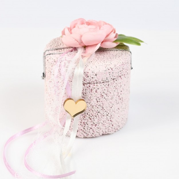 Πέτρινη μπιζουτιέρα - μπομπονιέρα ροζ με λουλούδια και plexiglass καρδιά