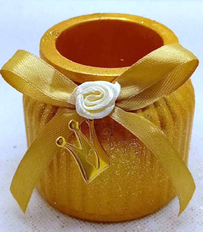 Μπομπονιέρες Βάπτισης-Γάμου βαζάκι κεραμικό στολισμένο με κορώνα Δεμενη Έτοιμη Με 5 Κλασσικά Κουφέτα