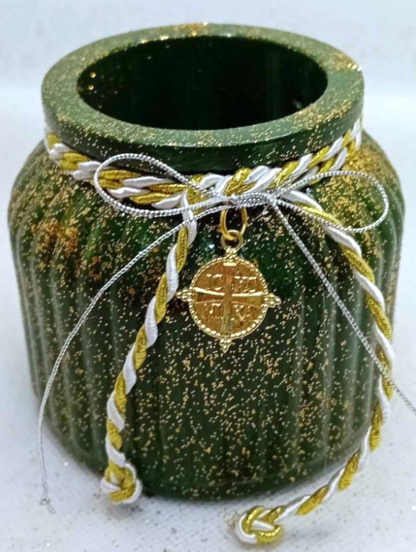 Μπομπονιέρες Βάπτισης-Γάμου βαζάκι κεραμικό στολισμένο με κωνσταντινάτο Δεμενη Έτοιμη Με 5 Κλασσικά Κουφέτα