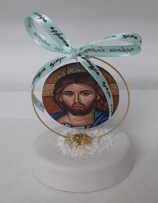 Εικόνα χριστός Ξύλινη Τυπωμένη Σε Βότσαλο Και Κύκλο Μπομπονιέρα Βάπτισης-Γάμου Ετοιμο Με 5 Κλασσικά Κουφέτα