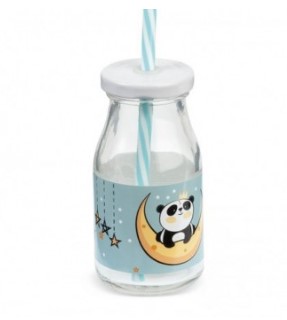 Mπομπονιερα βαπτισης αρκουδακι Παντα Panda γυαλινο μπουκαλι καλαμακι