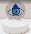 Βότσαλο Πέτρα Με Ξύλινη Παράσταση Μάτι Μπομπονιέρα Δεμενη Έτοιμη Με 5 Κλασσικά Κουφέτα